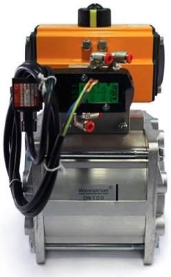 Stop valve DN100 with special pneumatic output for FlowCheck